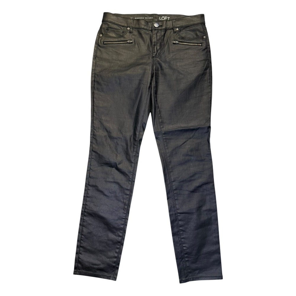 Ann Taylor LOFT Modern Skinny Pants Black Coated Waxed Denim Moto Zip‎ 29/8